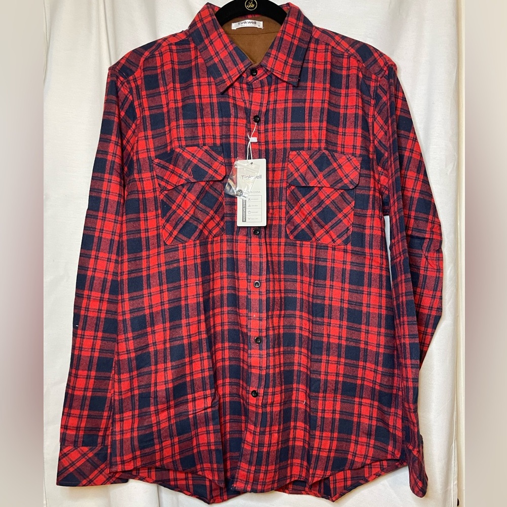NWT Tinkwell Men's Red and Black Plaid Flannel Button Down w/ Pockets Size M